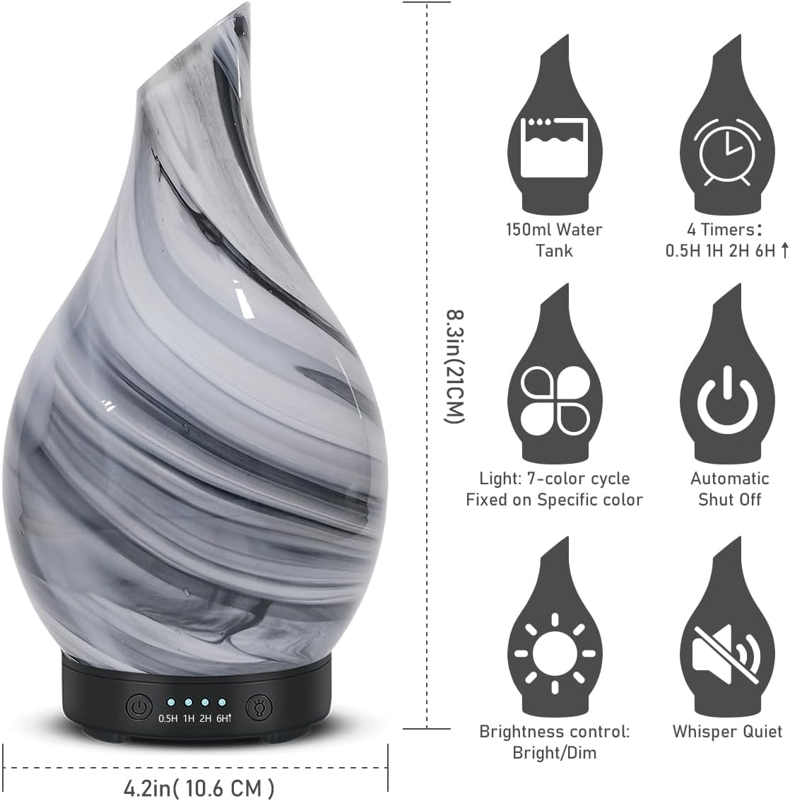 Essential Oil Diffuser 120ML Aroma Ultrasonic Humidifier Night Lights with Handmade Glass BPA Free Waterless Auto-Off Timer Setting for Home Yoga Office