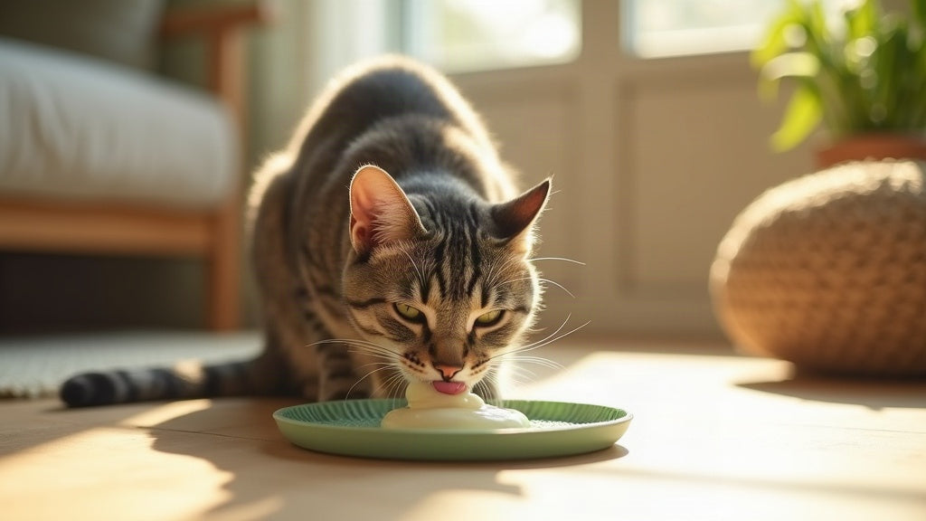 A tabby cat using a sage lick mat