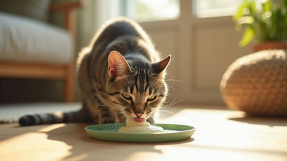 A tabby cat using a sage lick mat