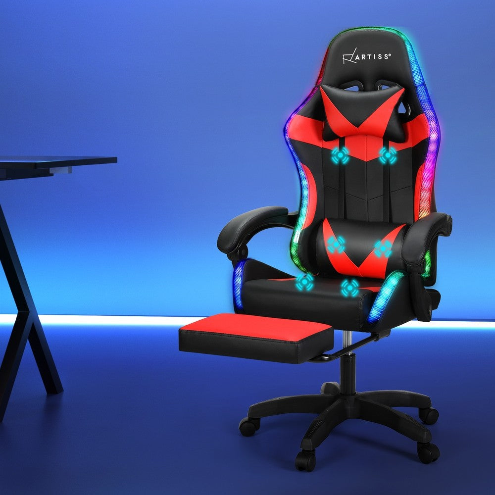 Artiss Massage Gaming Chair 6 Point 7 LED Office Chairs Leather Footrest Red