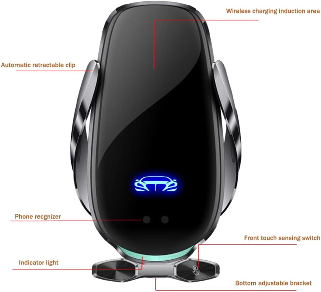 15W Fast Wireless Phone Charger, Car Wireless Phone Holder, Auto-Clamping, Opening without Power Supply, Suit for Car Office Kitchen, round Vent Friendly, Case Friendly(Black&Tripod Clip&Suction)