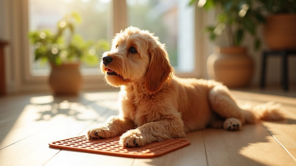 A cavoodle licking a terracotta lick mat