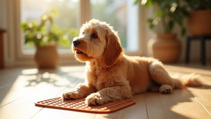 A cavoodle licking a terracotta lick mat
