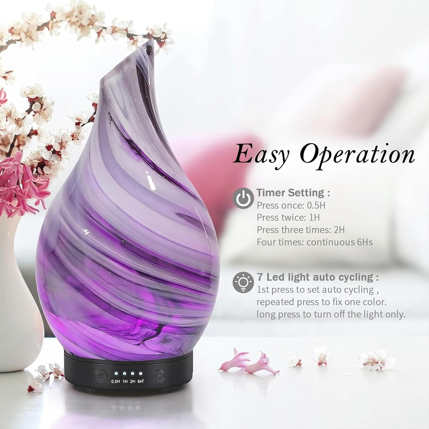 Essential Oil Diffuser 120ML Aroma Ultrasonic Humidifier Night Lights with Handmade Glass BPA Free Waterless Auto-Off Timer Setting for Home Yoga Office