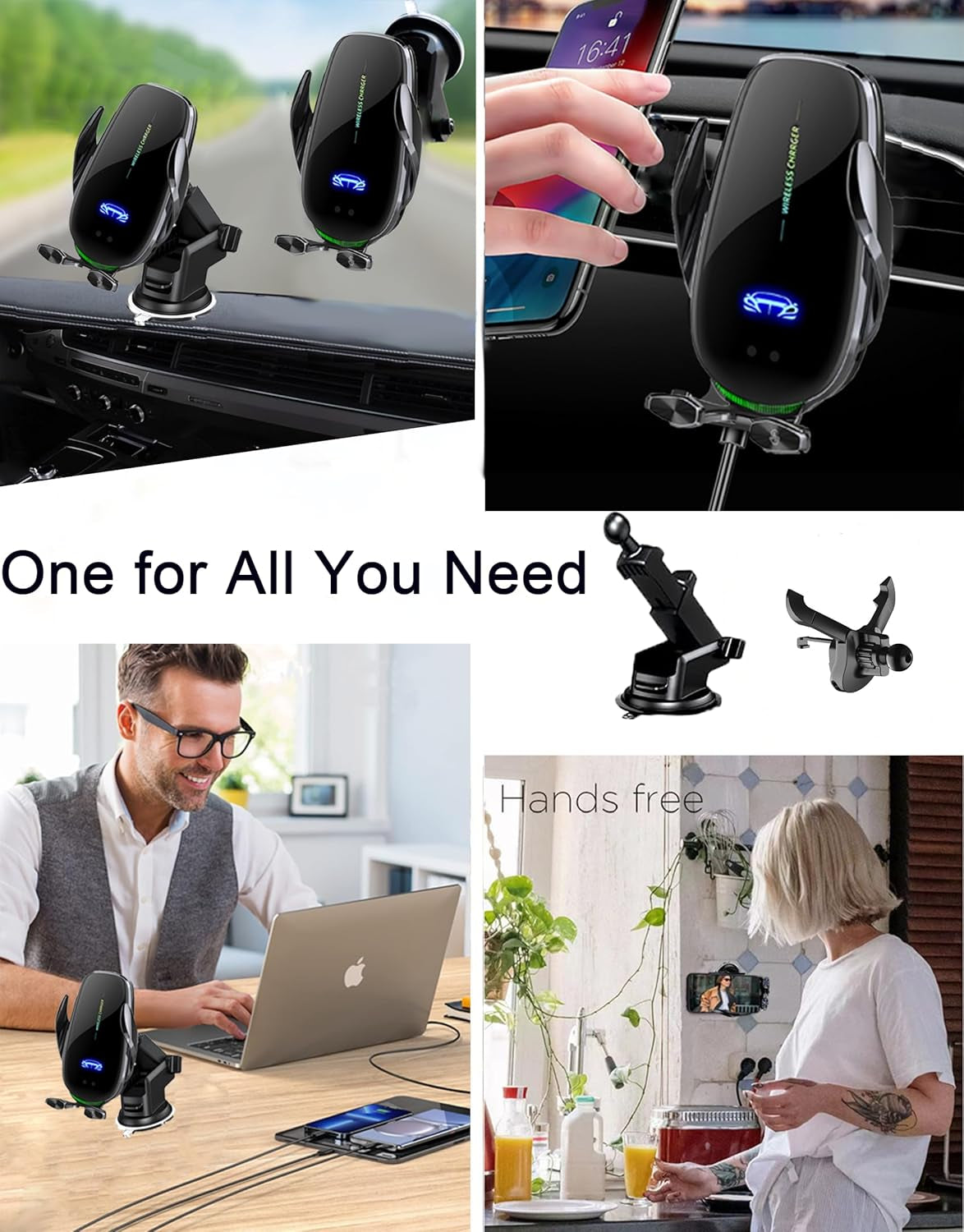 15W Fast Wireless Phone Charger, Car Wireless Phone Holder, Auto-Clamping, Opening without Power Supply, Suit for Car Office Kitchen, round Vent Friendly, Case Friendly(Black&Tripod Clip&Suction)