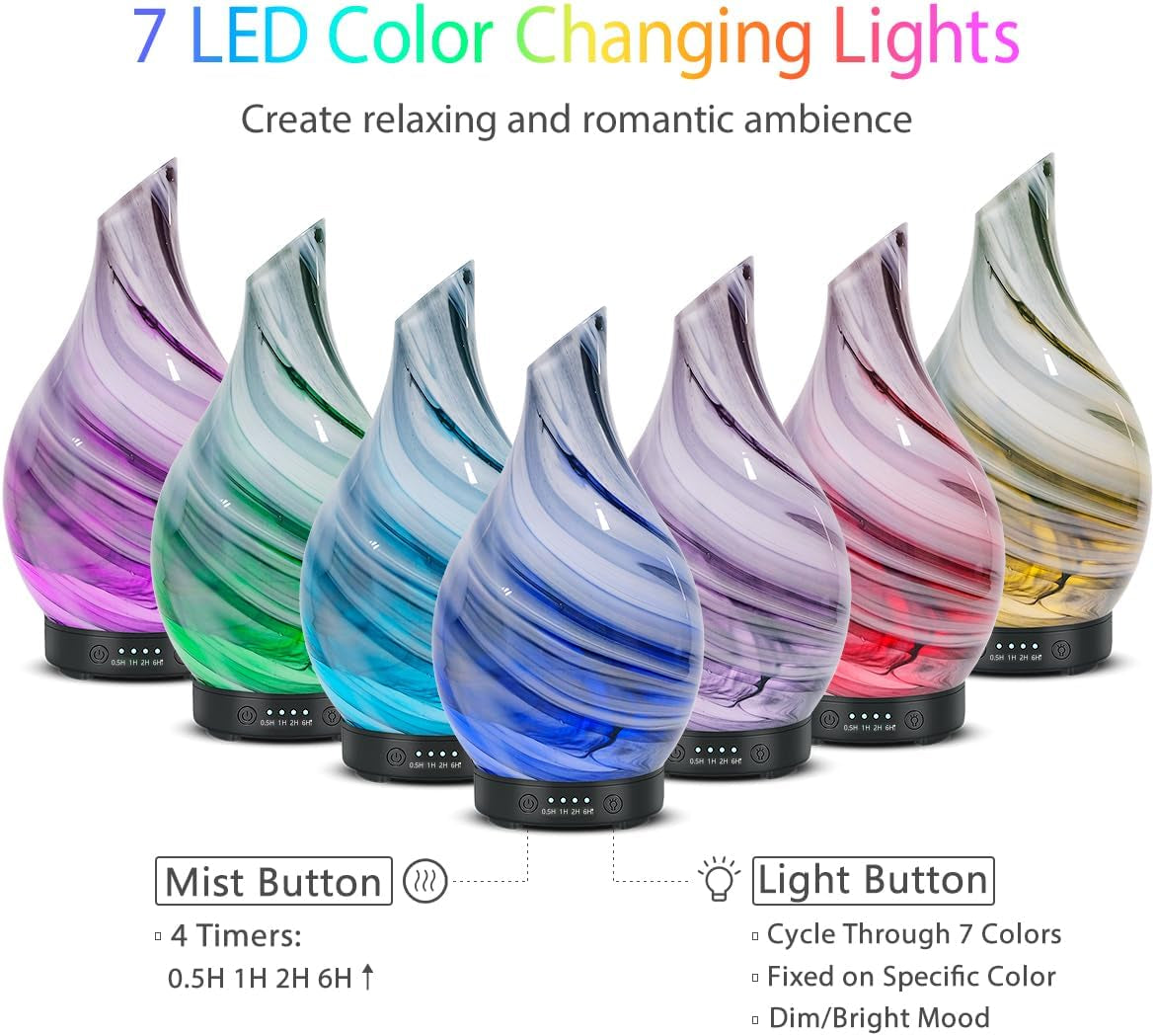 Essential Oil Diffuser 120ML Aroma Ultrasonic Humidifier Night Lights with Handmade Glass BPA Free Waterless Auto-Off Timer Setting for Home Yoga Office