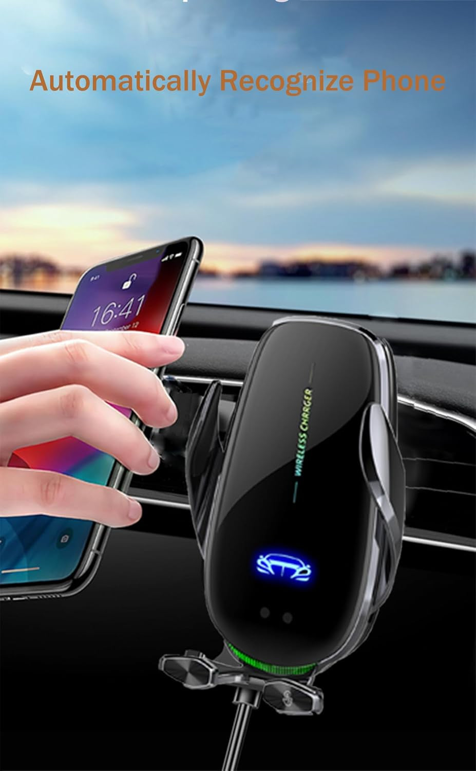 15W Fast Wireless Phone Charger, Car Wireless Phone Holder, Auto-Clamping, Opening without Power Supply, Suit for Car Office Kitchen, round Vent Friendly, Case Friendly(Black&Tripod Clip&Suction)