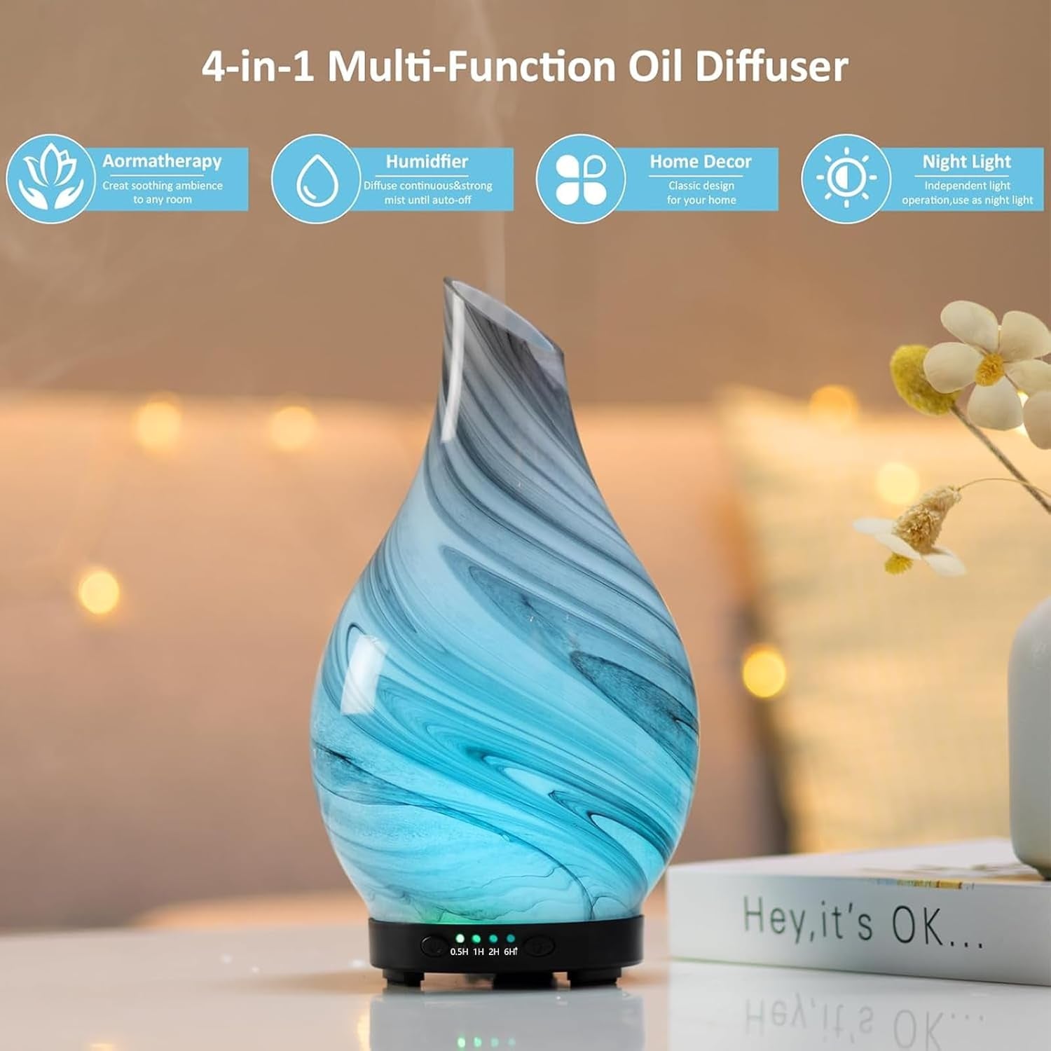 Essential Oil Diffuser 120ML Aroma Ultrasonic Humidifier Night Lights with Handmade Glass BPA Free Waterless Auto-Off Timer Setting for Home Yoga Office